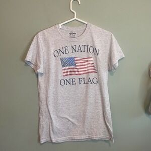 Womens One Nation One Flag USA American‎ Pride Casual Graphic T-Shirt Grey Small